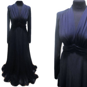 Vintage Dress Formal Gown Plisse Chiffon Gown Blue